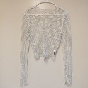 Windsor White Glitzy Iredescent Embellished Rhinestone Long Sleeve Crop Top S